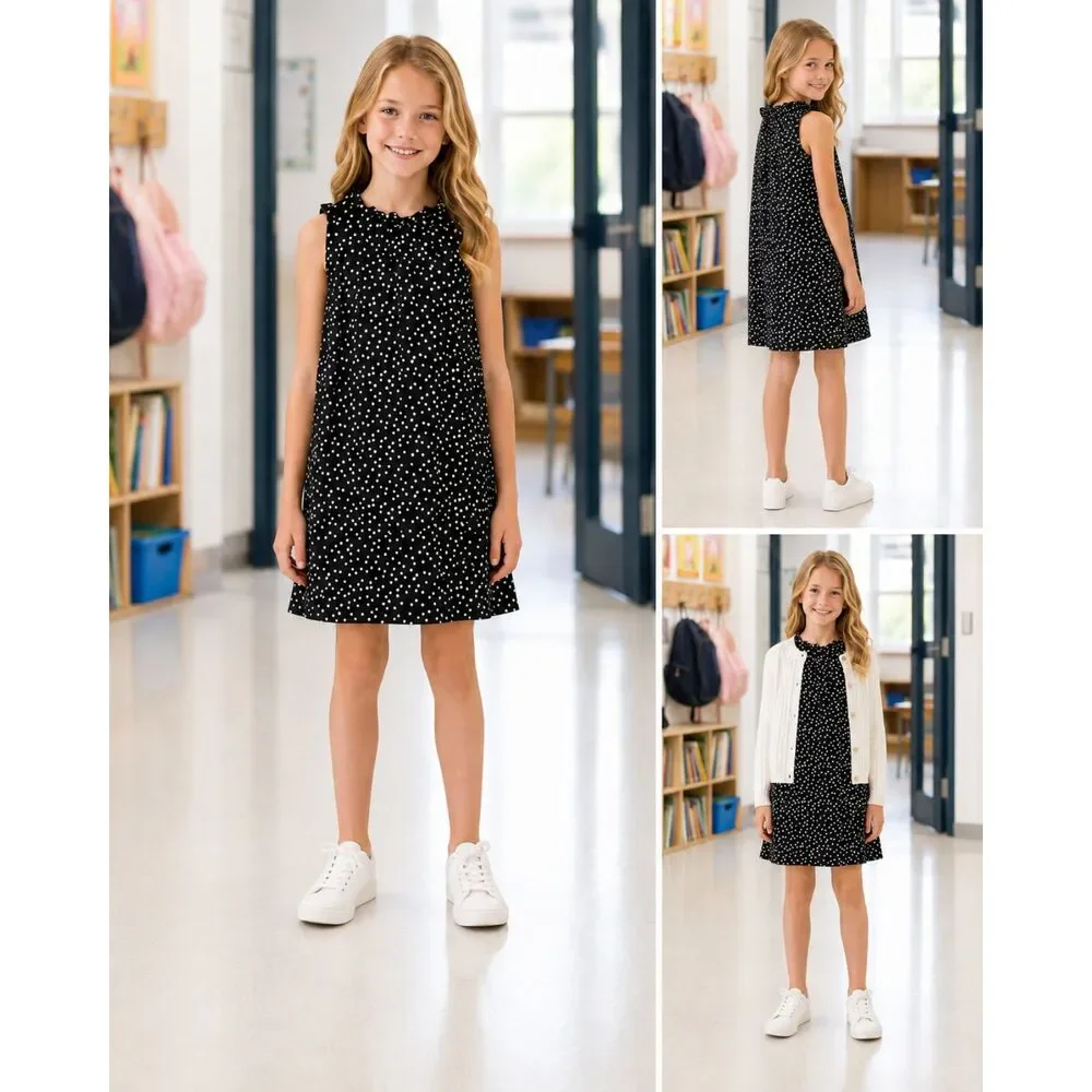 GapKids Girls Black White Polka Dot Dress Size M 8 Ruffle Neck School Party
